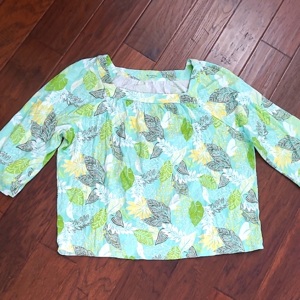 New Directions Tropical Leaf Print Blouse with Square Neckline Size XL